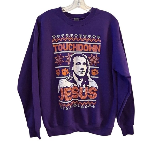 Touchdown Jesus Trevor Lawrence Clemson Tigers Crewneck Sweatshirt M Purple - Picture 1 of 7